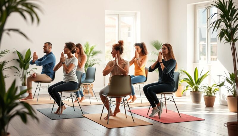 Chair yoga beginners practicing gentle yoga moves