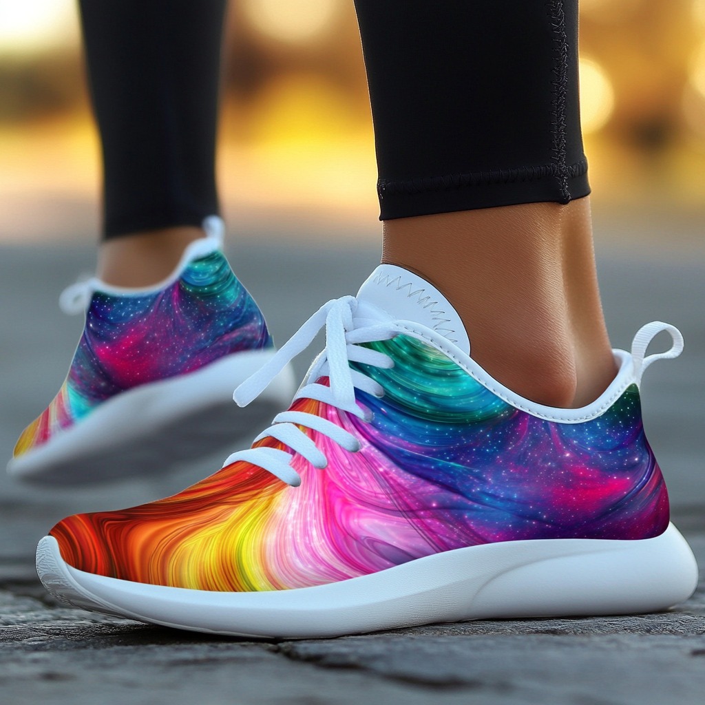 Close-up of colorful sneakers with galaxy patterns, worn by a person in black leggings