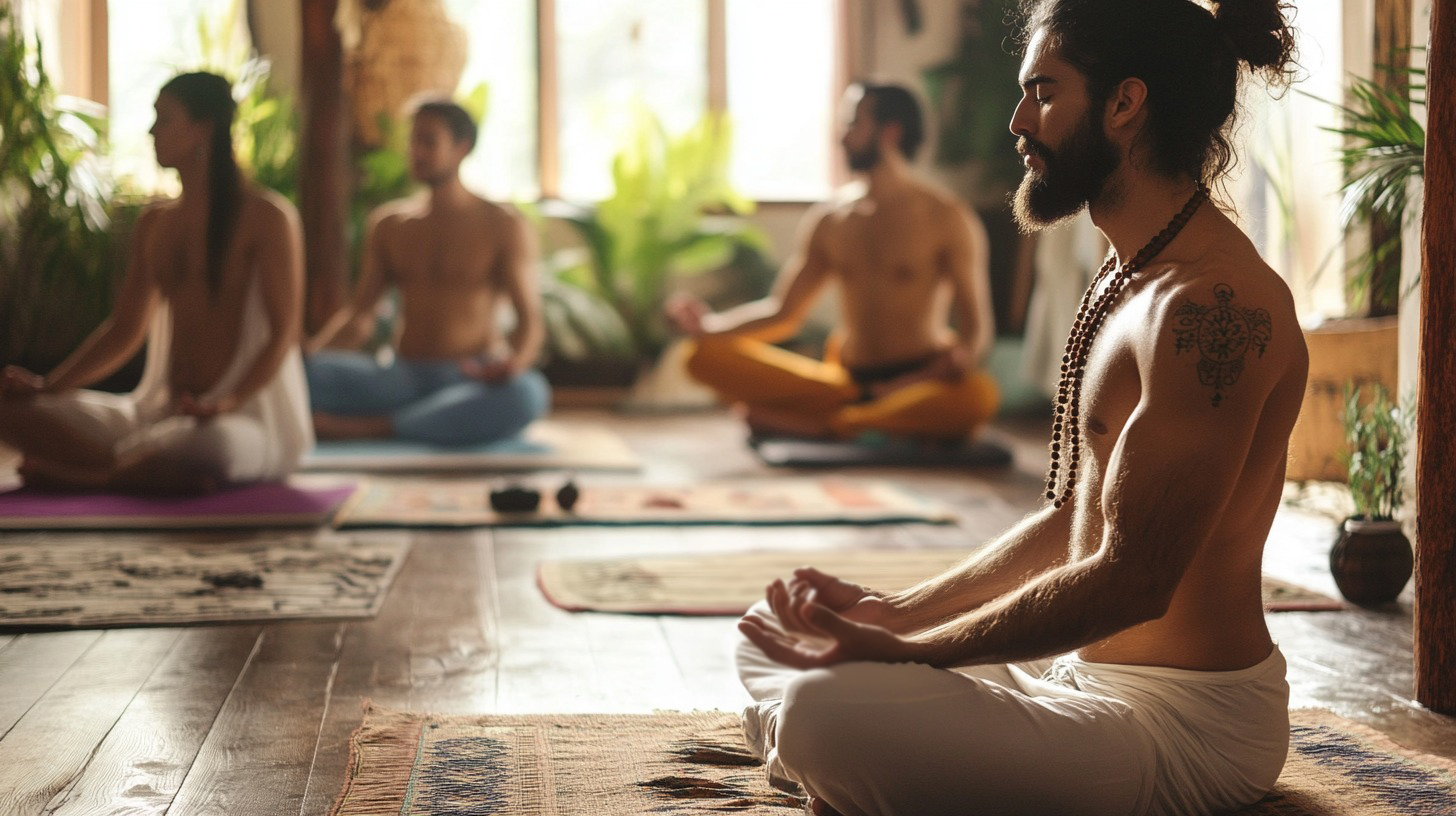 A group of individuals meditating in a serene yoga session, seated on mats in a peaceful environment