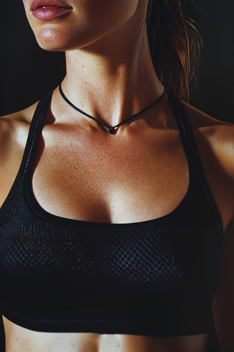 Close-up of a person wearing a black sports bra with a necklace, highlighting fitness attire