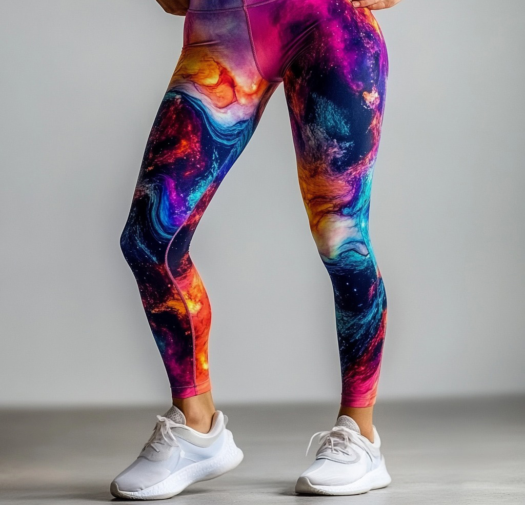 Close-up of a person wearing galaxy-themed yoga leggings and white sneakers